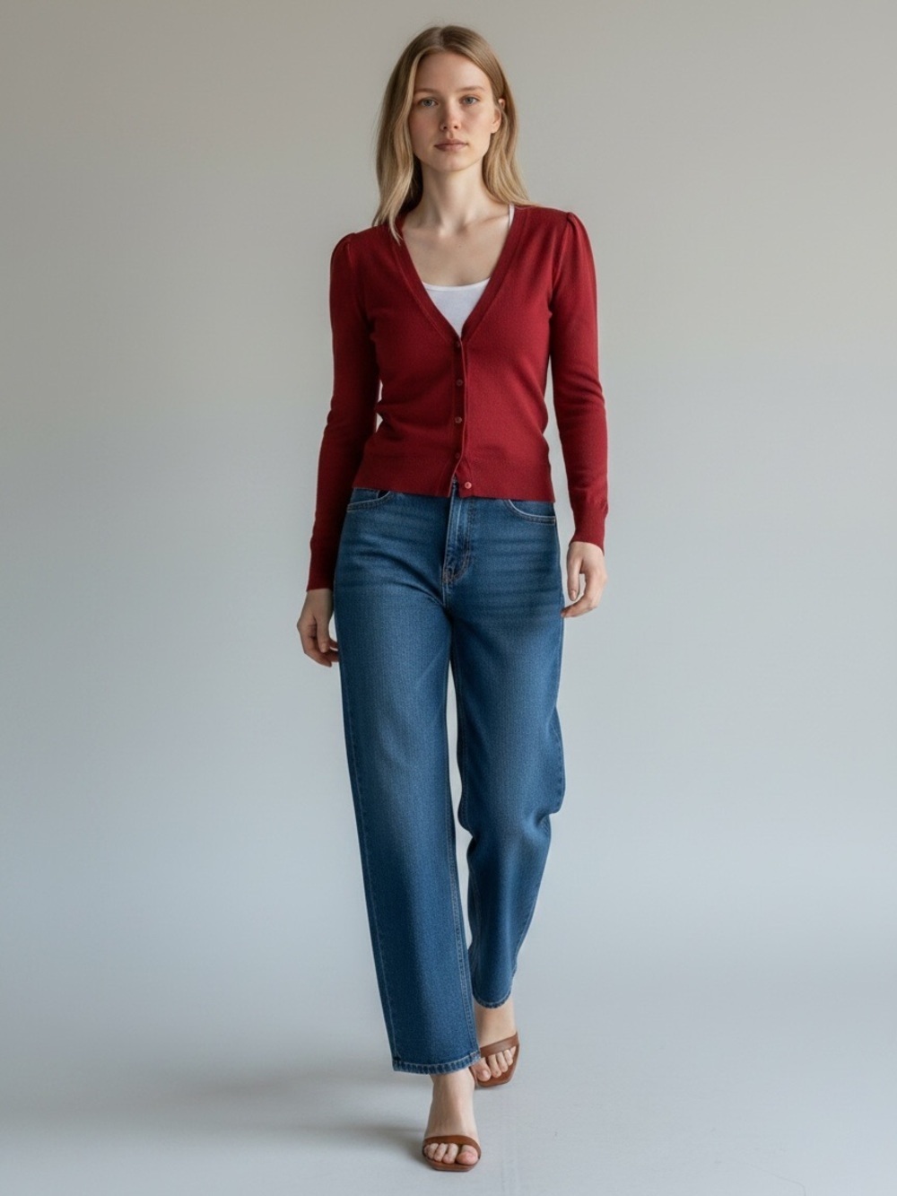 Ricki’s Burgundy Cardigan V Neck Button Front Fitted Size Small